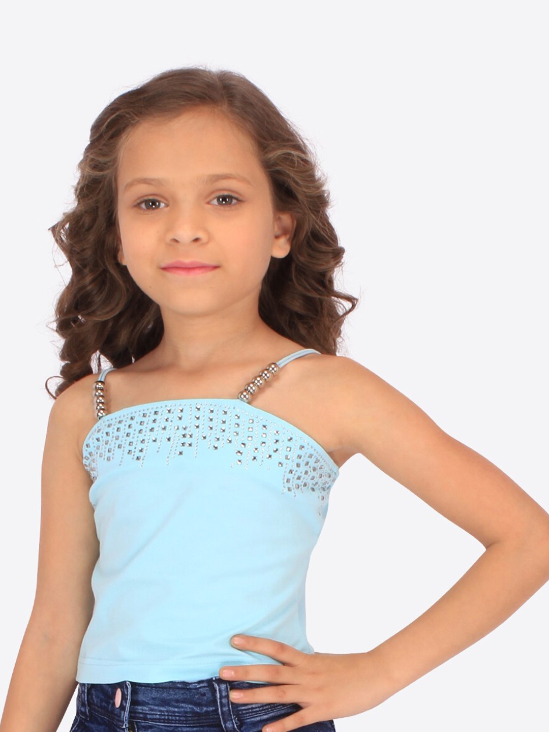 

CUTECUMBER Girls Embellished Shoulder Straps Top, Blue