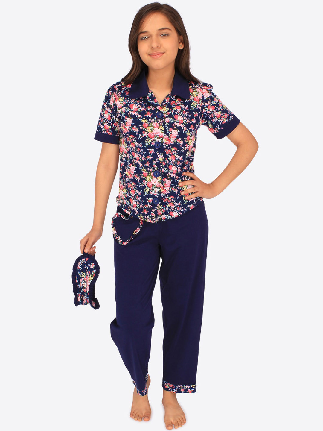 

CUTECUMBER Girls Floral Printed Night Suit, Navy blue