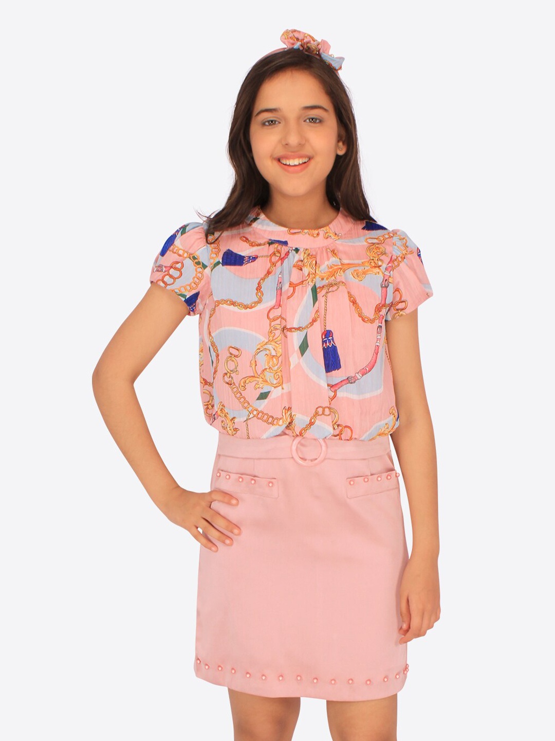 

CUTECUMBER Girls Conversational Printed Georgette Sheath Dress, Peach