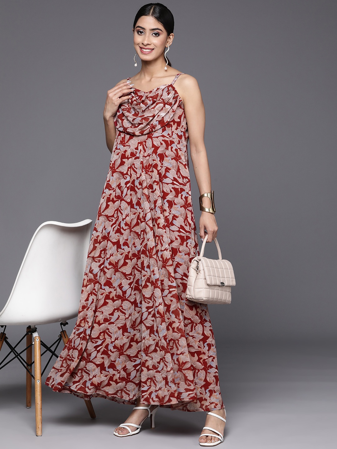 

Varanga Floral Print Georgette A-Line Maxi Dress, Red