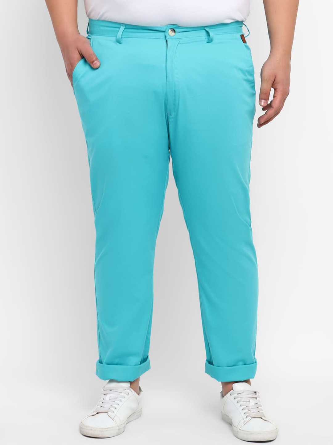 

Urbano Plus Men Cotton Mid-Rise Flat-Front Plain Chinos Trousers, Blue