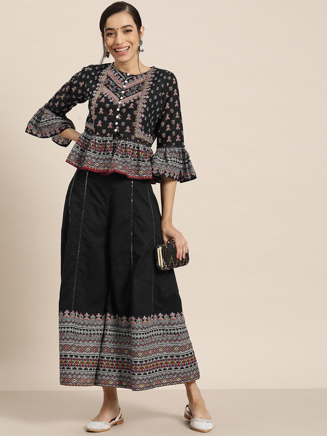 

Juniper Printed Cotton Top with Palazzos Set, Black