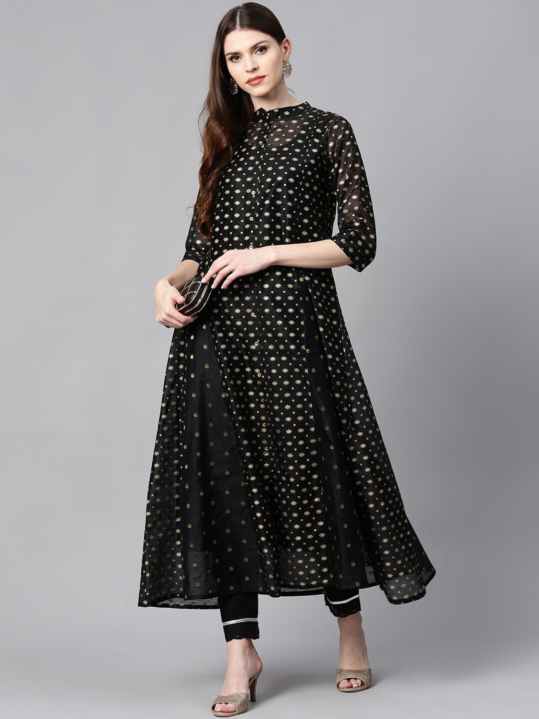 

Juniper Ethnic Motifs Printed Gotta Patti Chanderi Silk Anarkali Kurta, Black