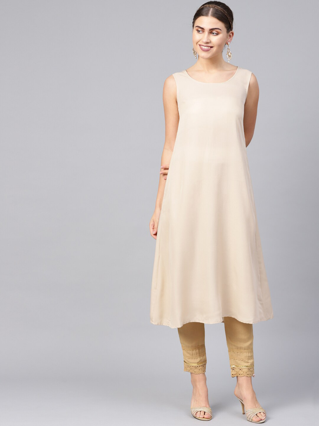 

Juniper Floral Printed Band Collar Chanderi Silk Anarkali Kurta With Slip, Beige