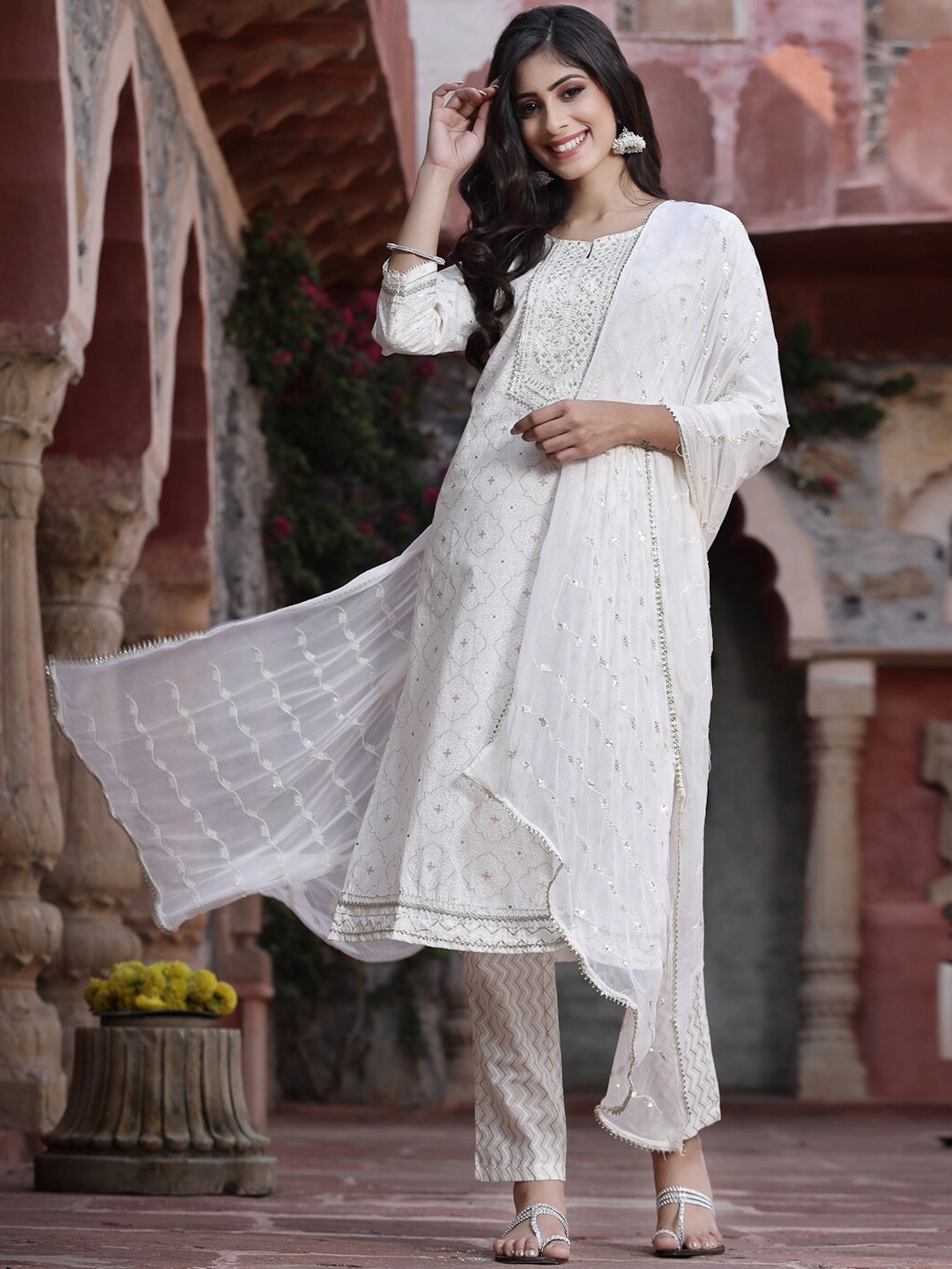 

Juniper Ethnic Motifs Embroidered Sequinned Pure Cotton Kurta with Trousers & Dupatta, White