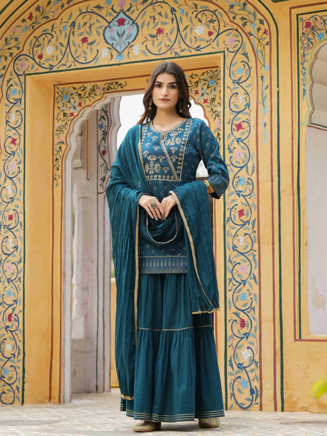 

Juniper Ethnic Motifs Embroidered Sequinned Kurti with Skirt & Dupatta, Teal