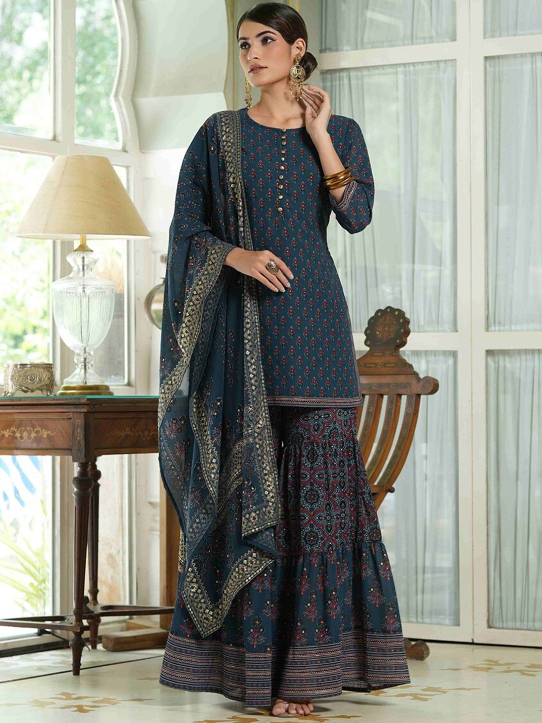 

Juniper Floral Printed Kurti with Sharara & Dupatta, Navy blue