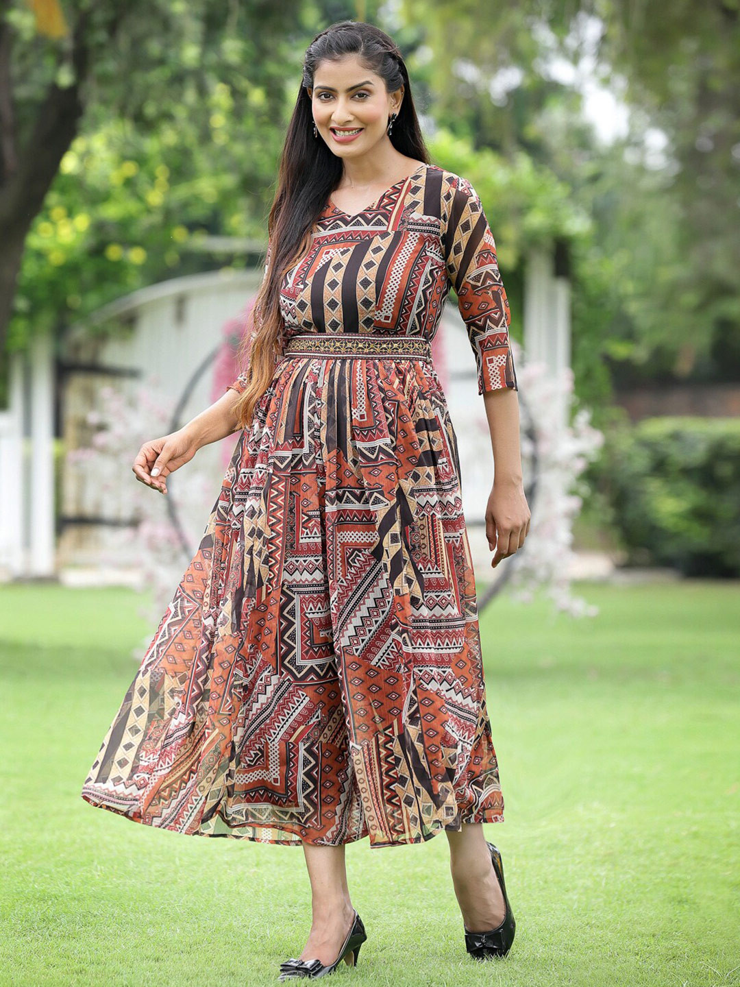 

Juniper Ethnic Motifs Printed Flared Culotte Jumpsuit, Brown