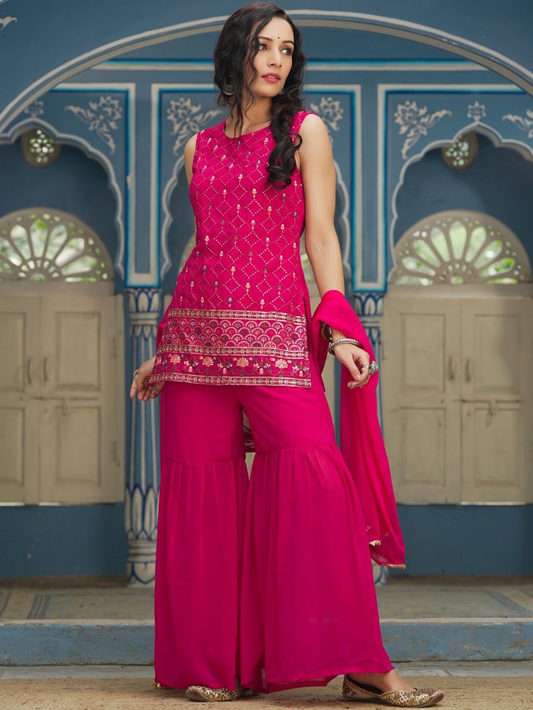 

Juniper Ethnic Motifs Embroidered Sequinned Kurti with Sharara & Dupatta, Fuchsia
