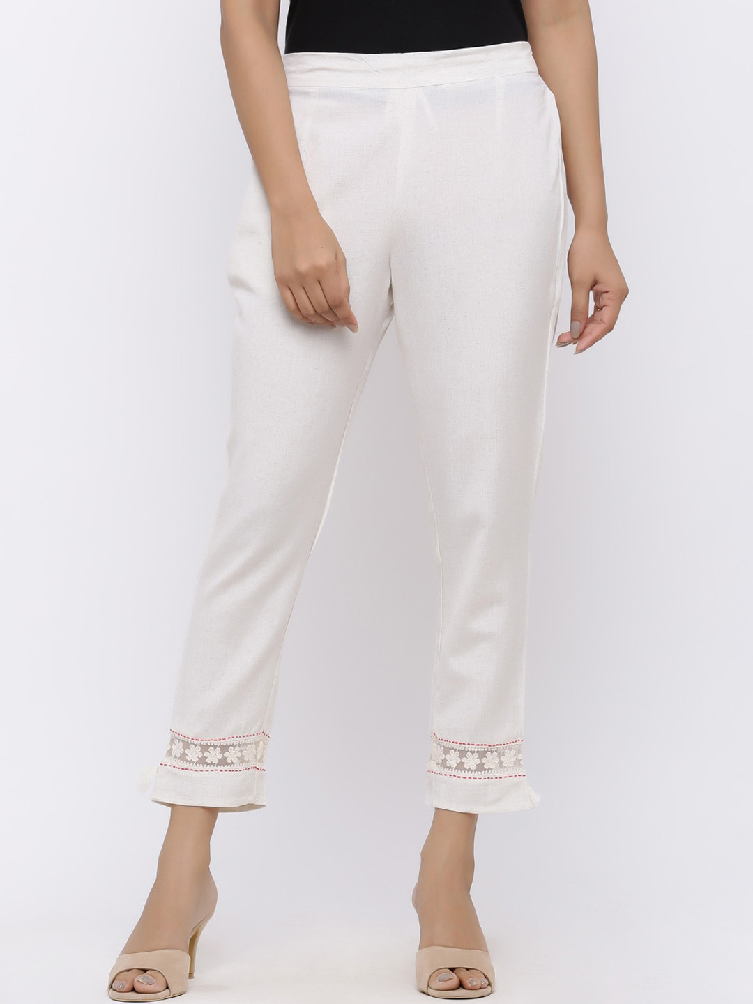 

Juniper Women Self Design Comfort Easy Wash Cigarette Trousers, White