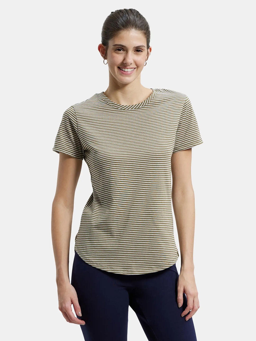 

Jockey Striped Training And Gym Sports Relaxed Fit Cotton T-shirt, Olive