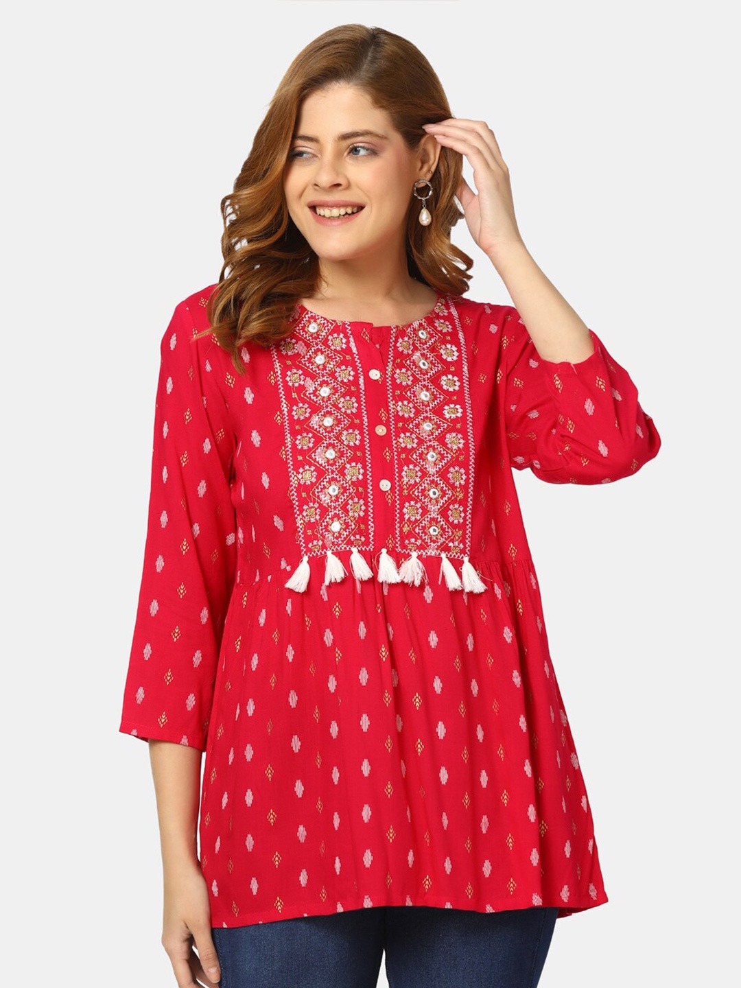 

V-Mart Ethnic Motifs Printed Thread Work Kurti, Pink