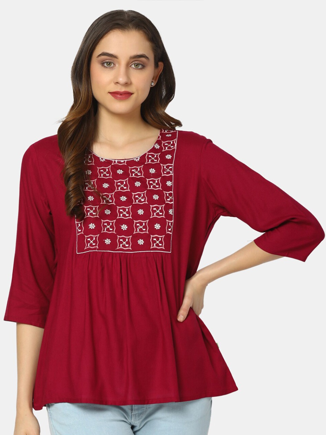 

V-Mart Ethnic Motifs Yoke Design Thread Work Kurti, Maroon