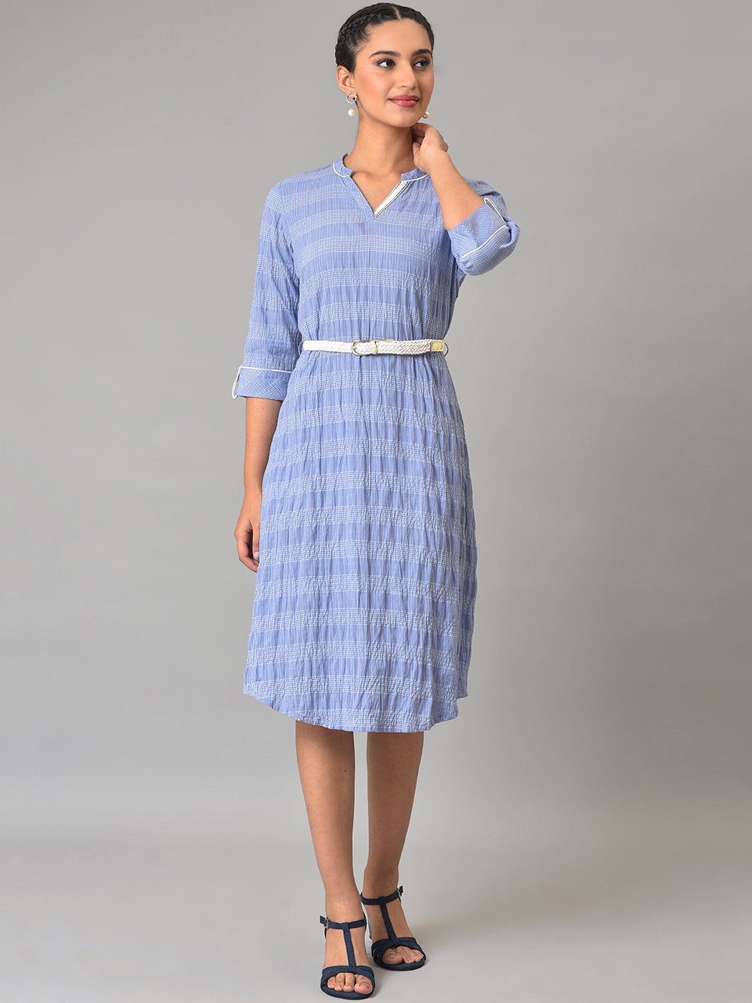 

AURELIA Striped V Neck Roll Up Sleeves Dress with Belt, Blue