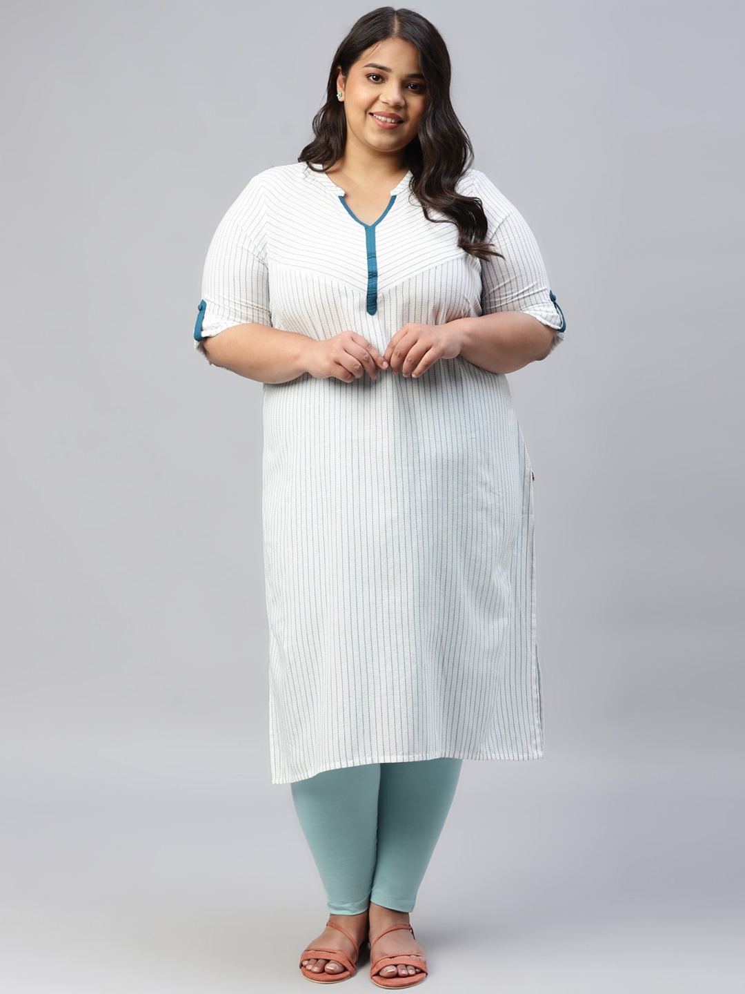 

AURELIA Striped Band Collar Roll Up Sleeves Pure Cotton Kurta, White