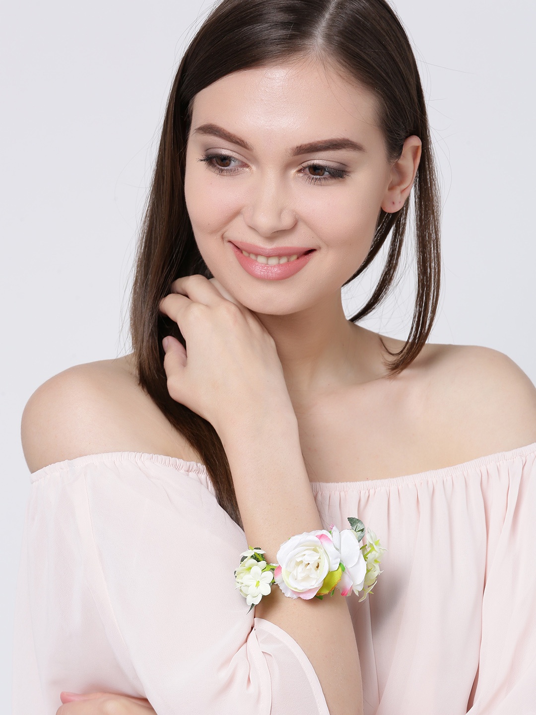 

YouBella Off-White & Green Floral Cuff Bracelet