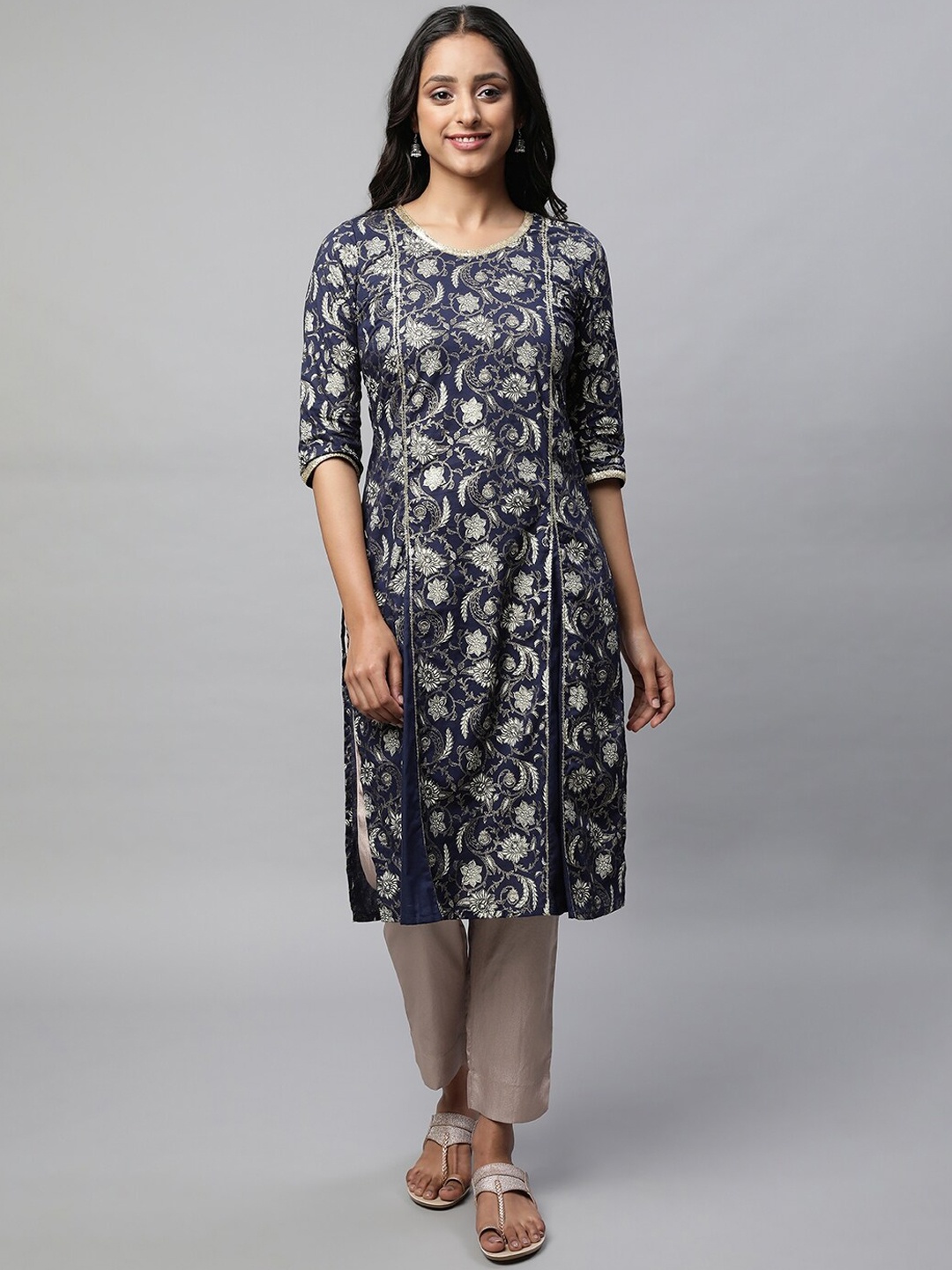 

AURELIA Festive Floral Print Kurta, Navy blue