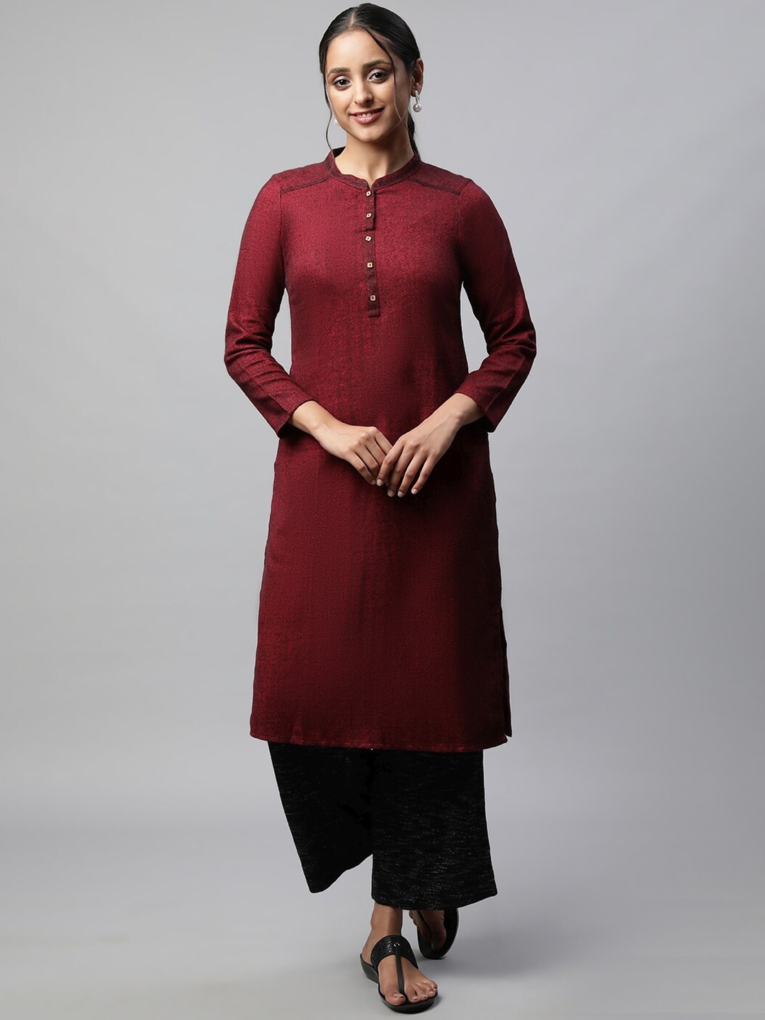 

AURELIA Woven Design Band Collar Kurta, Red