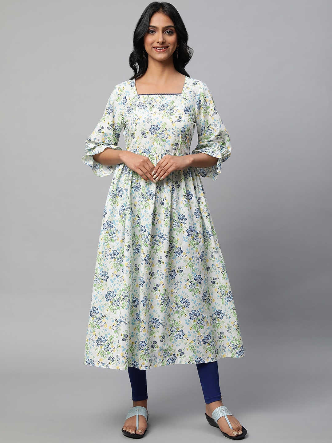 

AURELIA Floral Printed Bell Sleeves Pure Cotton A-Line Kurta, Blue