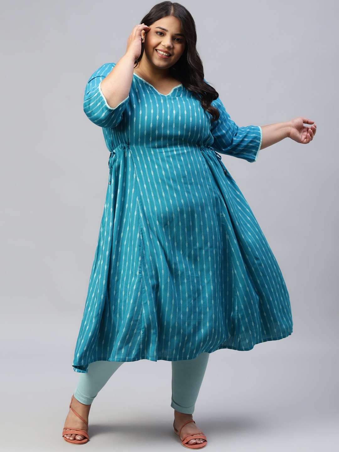 

AURELIA Plus Size Striped Anarkali Kurta, Turquoise blue