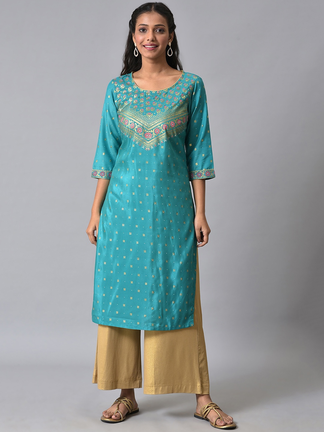 

AURELIA Ethnic Motifs Printed Straight Kurta, Green