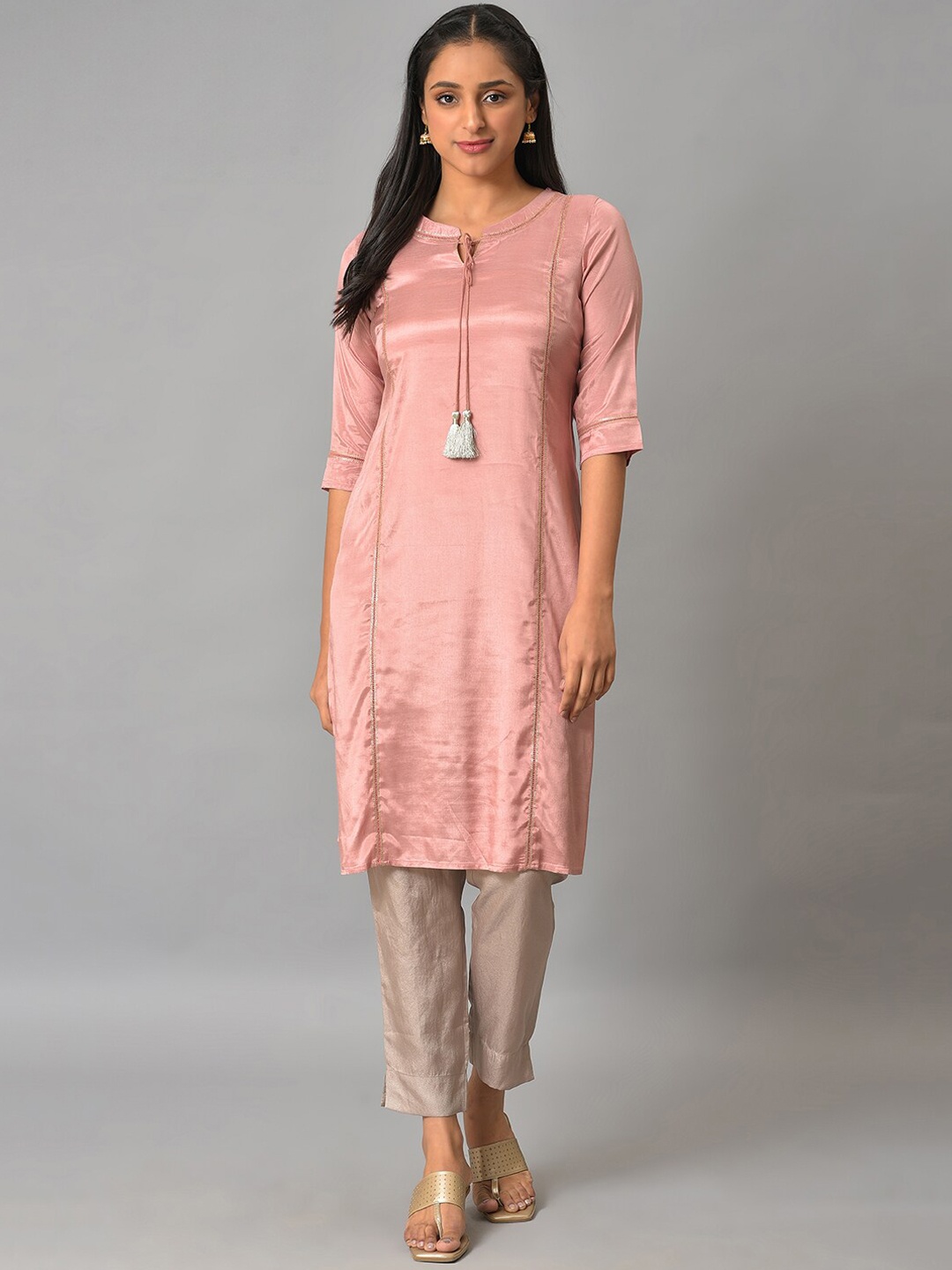 

AURELIA Mandarin Collar Straight Regular Kurta, Pink