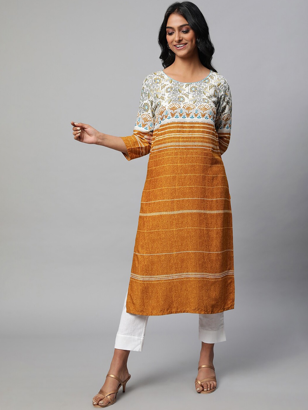

AURELIA Ethnci Motifs Printed Straight Kurta, Yellow
