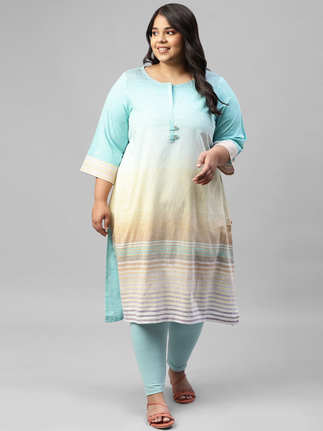 

AURELIA Striped Round Neck Pure Cotton Kurta, Blue