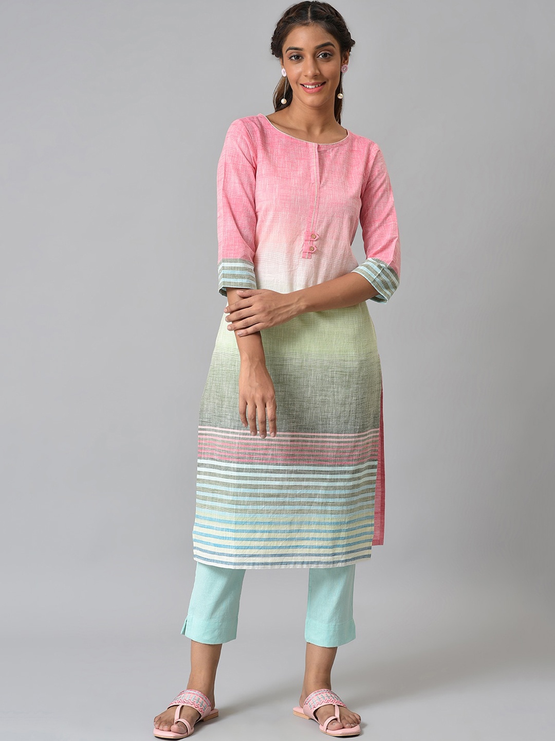 

AURELIA Striped Round Neck Pure Cotton Kurta, Pink