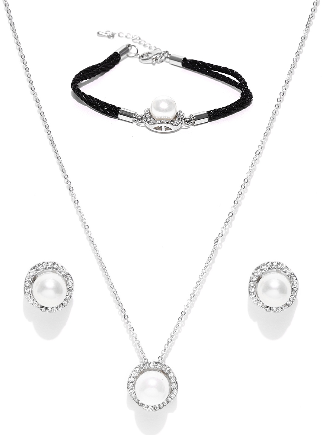 

YouBella Silver-Toned & Black Stone-Studded Beaded Jewellery Set