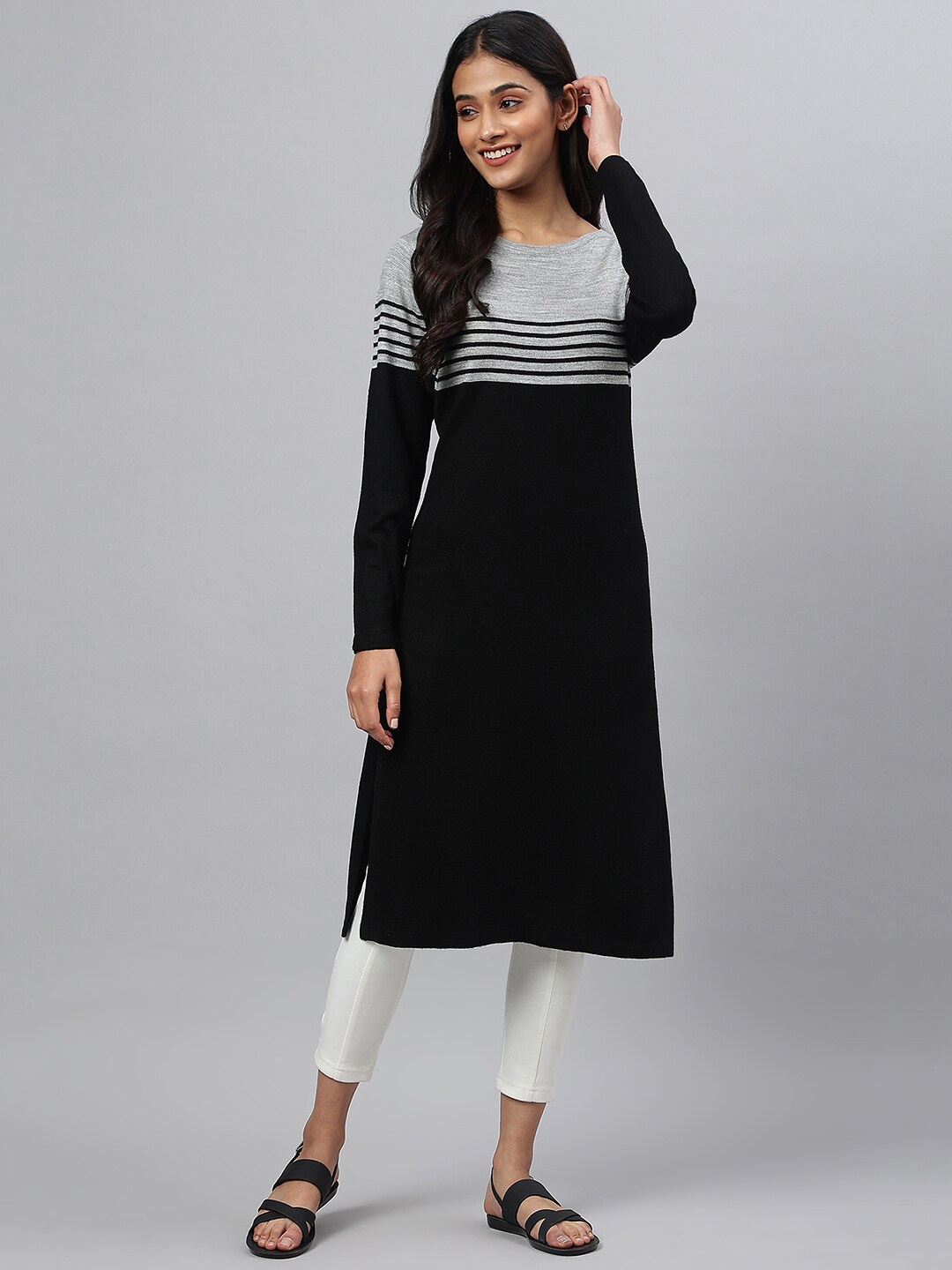 

AURELIA Striped Round Neck Acrylic Straight Kurta, Black