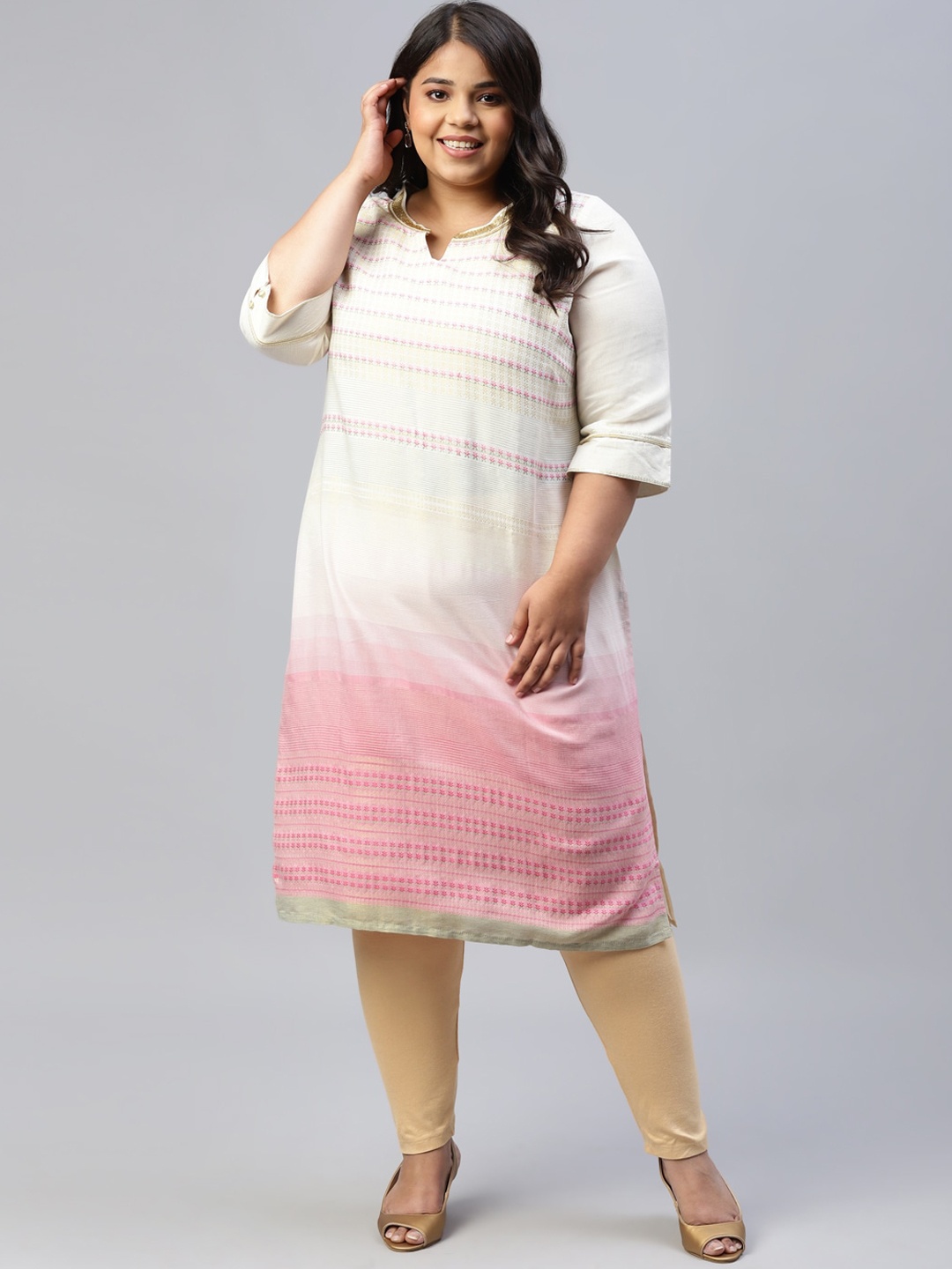 

AURELIA Striped Notched Neck Straight Kurta, Off white