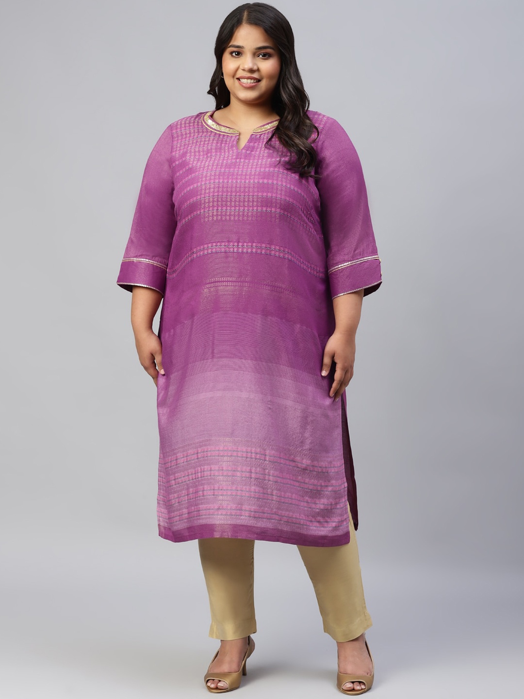 

AURELIA Plus Size Striped Woven Design Straight Kurta, Purple