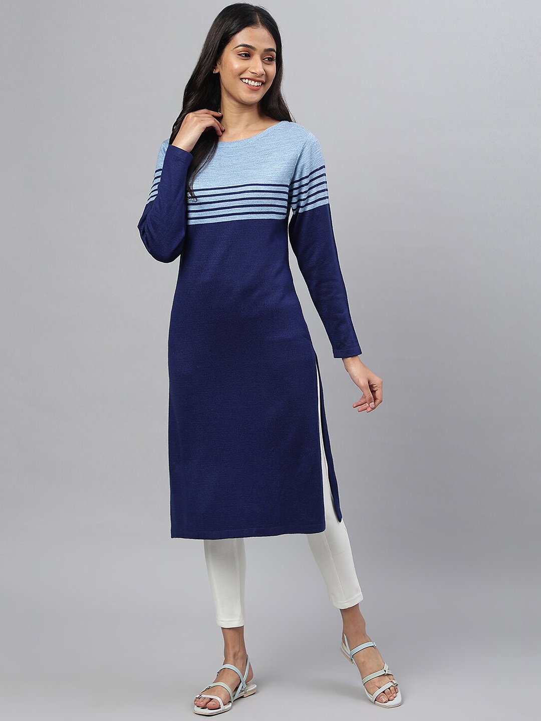 

AURELIA Striped Round Neck Acrylic Straight Kurta, Blue