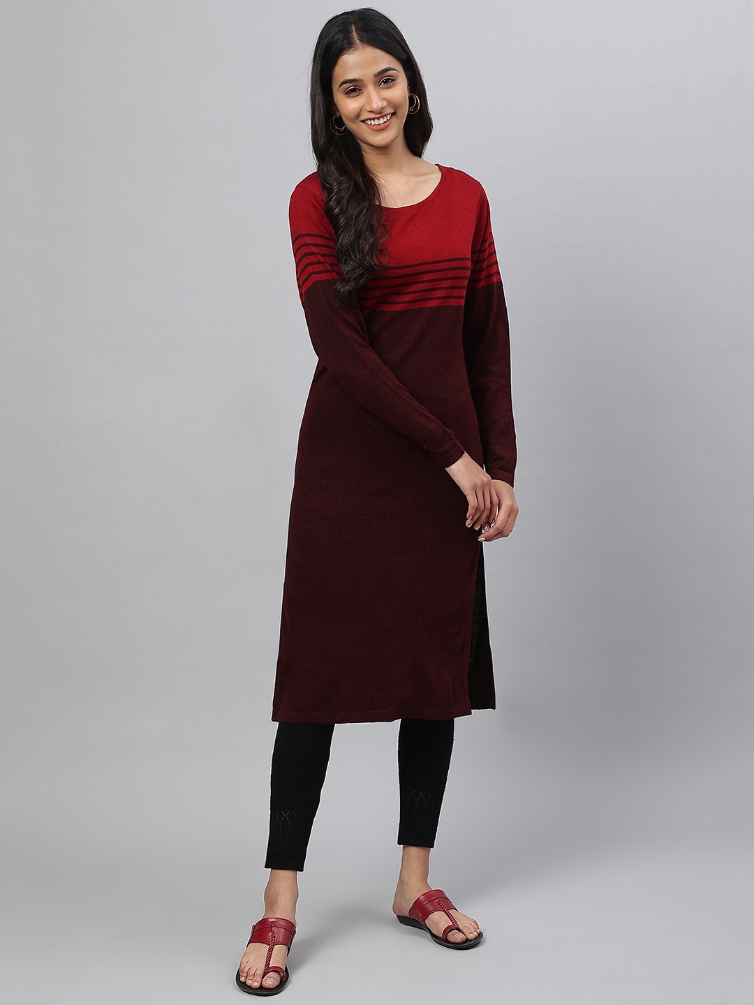 

AURELIA Striped Woven Design Straight Acrylic Kurta, Maroon