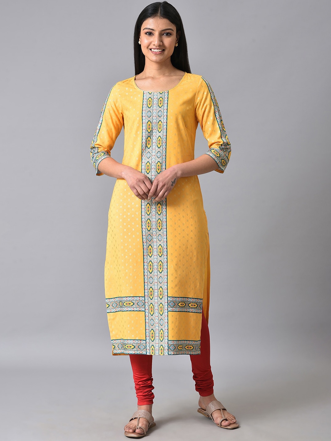 

AURELIA Floral Printed Round Neck Straight RegularKurta, Yellow