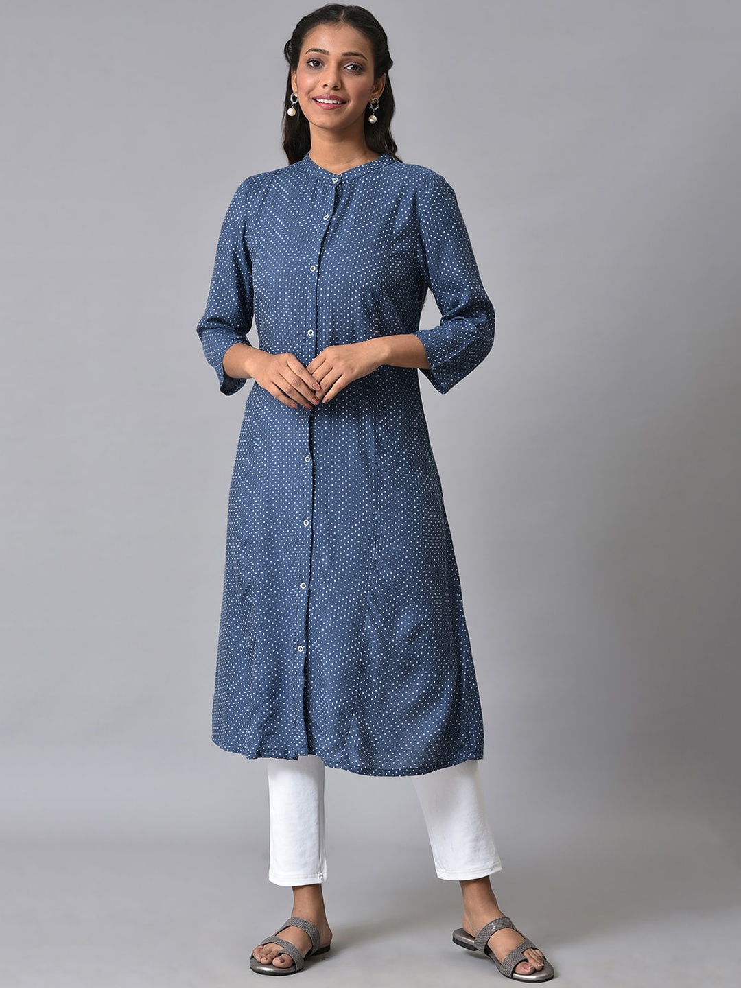 

AURELIA Polka Dots Printed Mandarin Collar A-Line Kurta, Blue