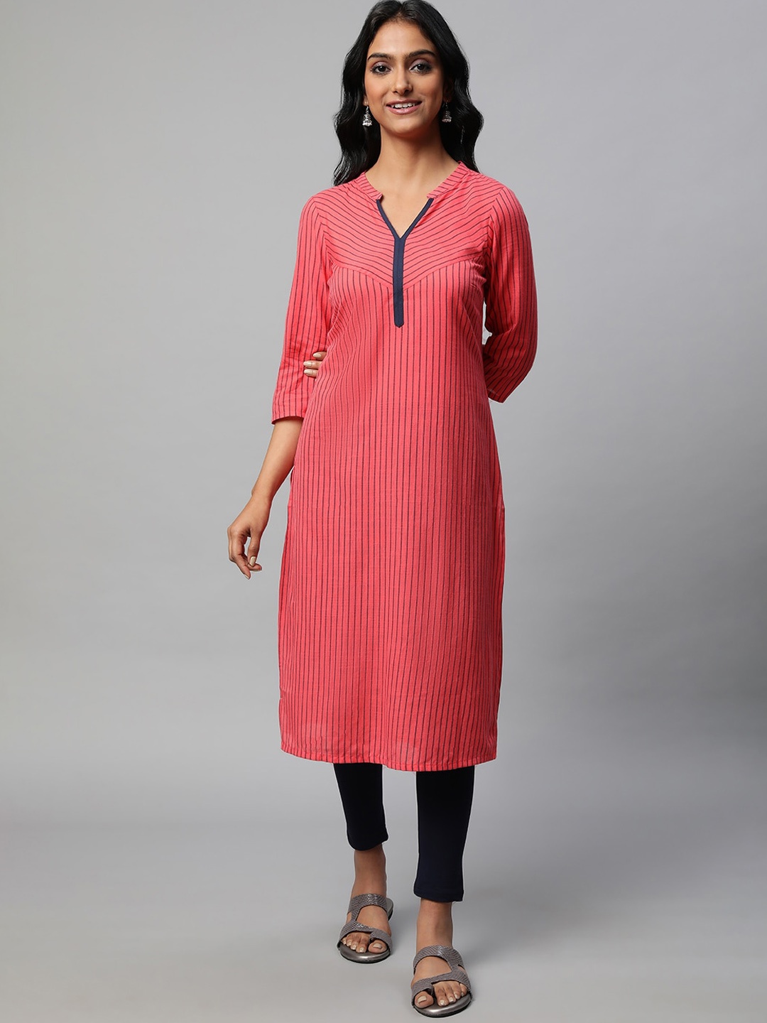 

AURELIA Striped Band Collar Pure Cotton Straight Kurta, Red