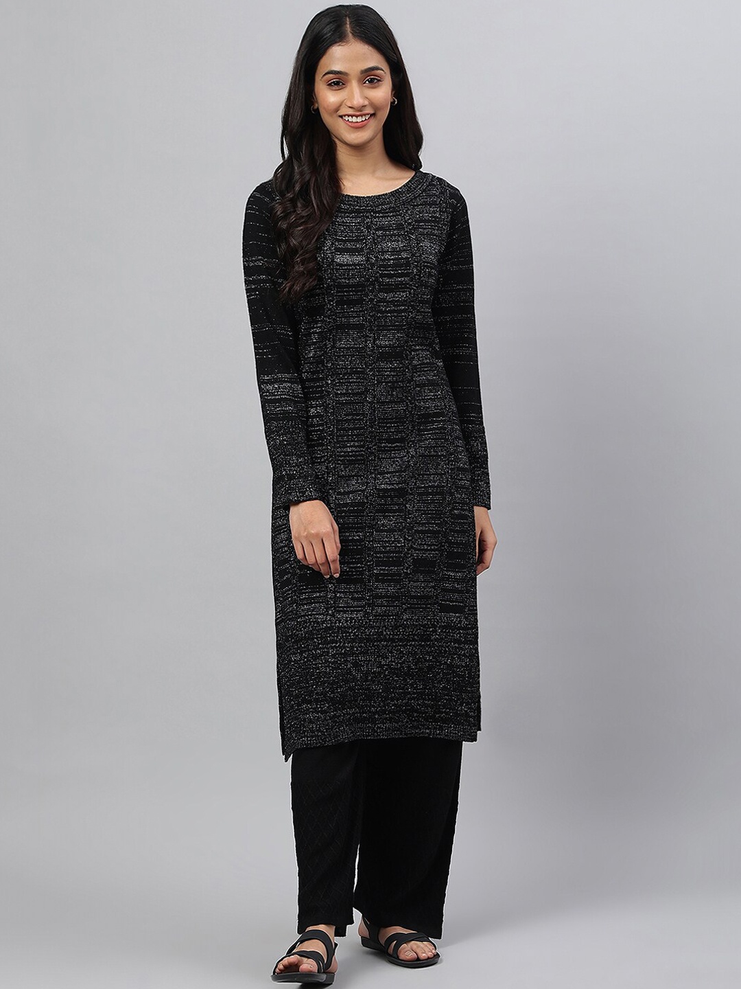 

AURELIA Woven Design Round Neck Long Sleeves Acrylic Straight Kurta, Black