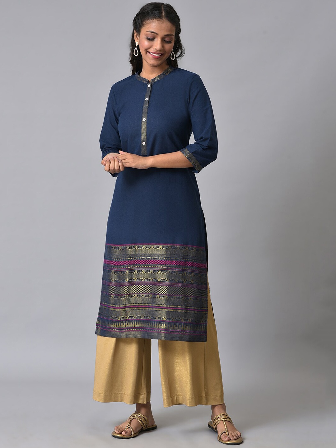

AURELIA Woven Design Band Collar Zari Kurta, Blue