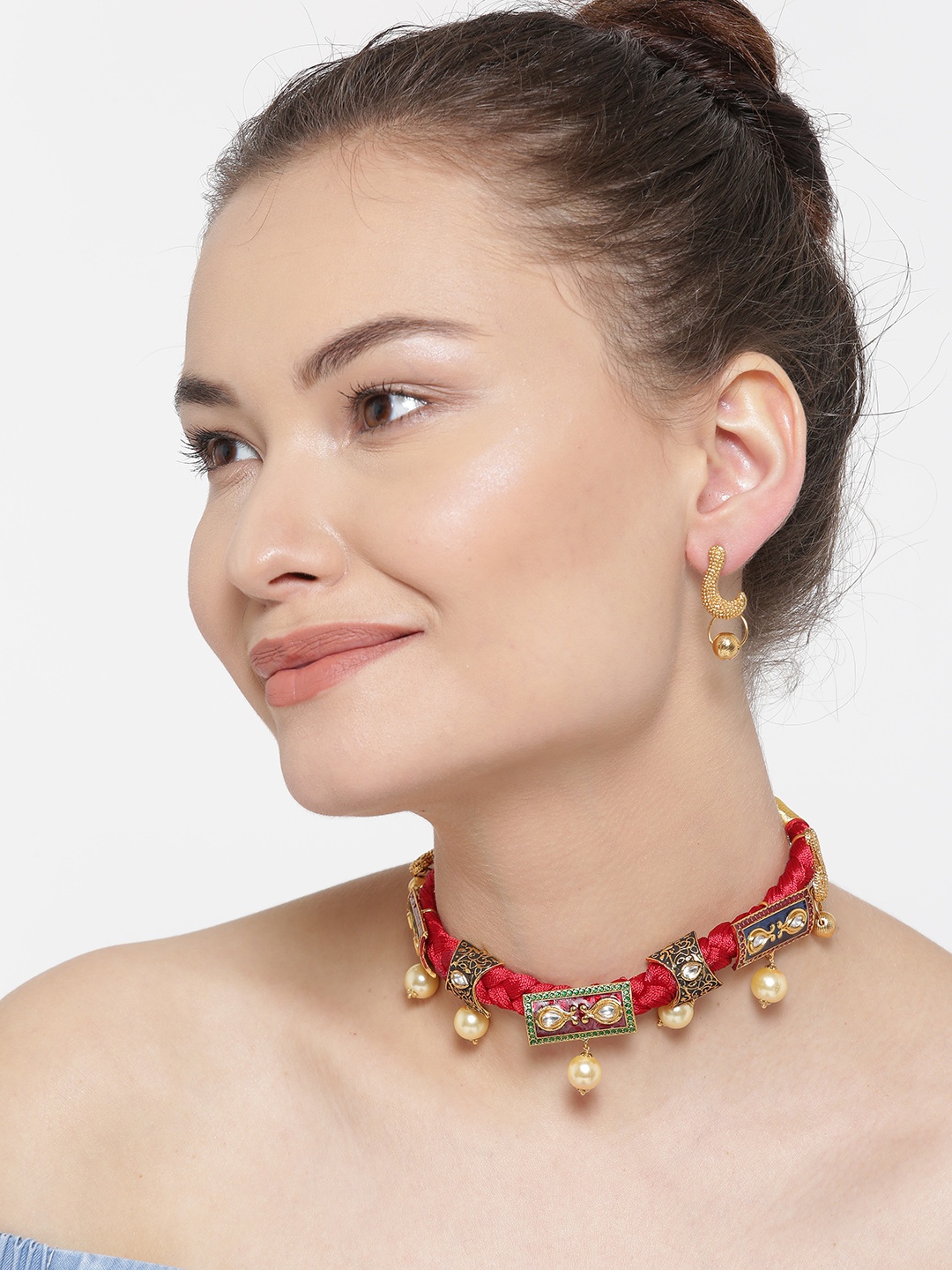 YouBella Red & Gold-Toned Stone-Studded Beaded Jewellery Set