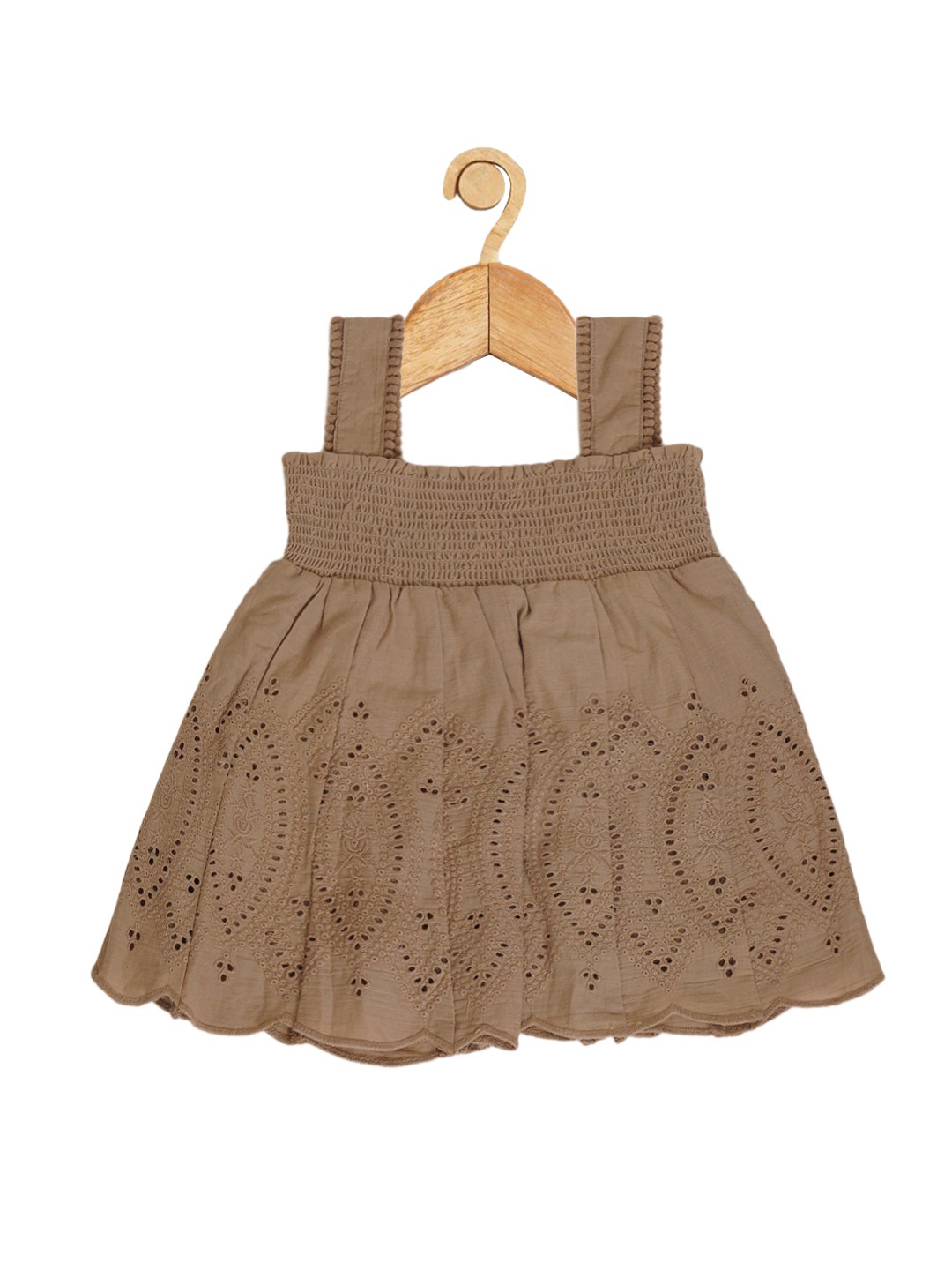 

Creative Kids Girls Ethnic Motif Embroidered Schiffli Smocked Fit & Flare Dress, Beige
