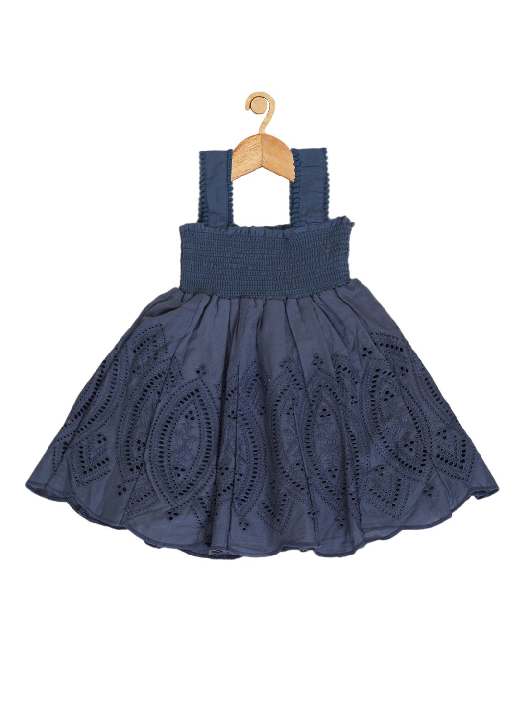 

Creative Kids Girls Ethnic Motif Embroidered Schiffli Smocked Cotton Fit & Flare Dress, Navy blue