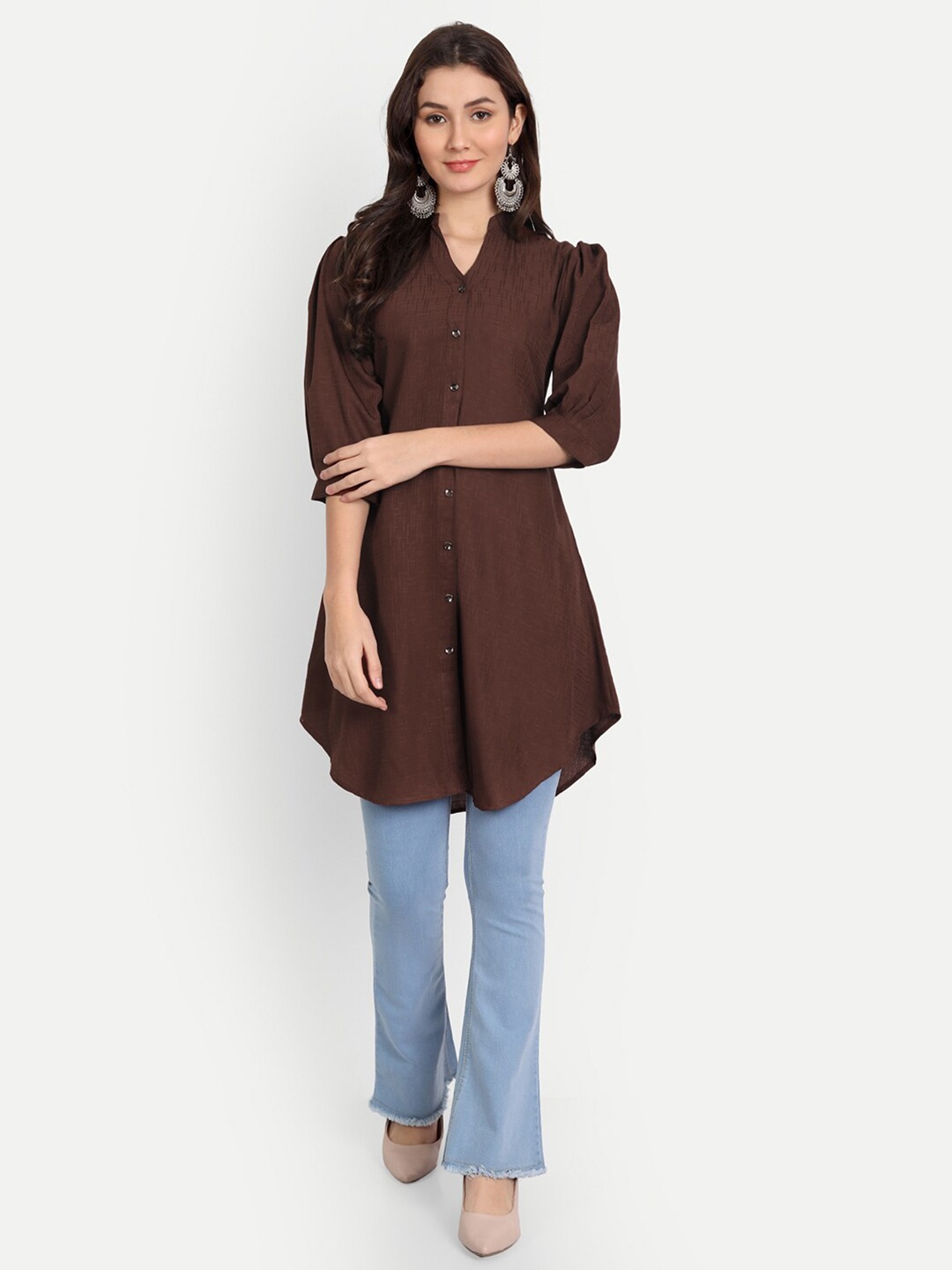 

Rudraaksha Creations Self Design Mandarin Collar Tunic, Brown