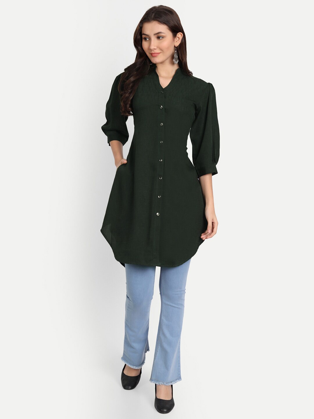 

Rudraaksha Creations Self Design Mandarin Collar Tunic, Green