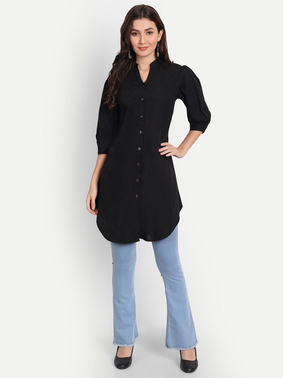 

Rudraaksha Creations Self Design Mandarin Collar Tunic, Black