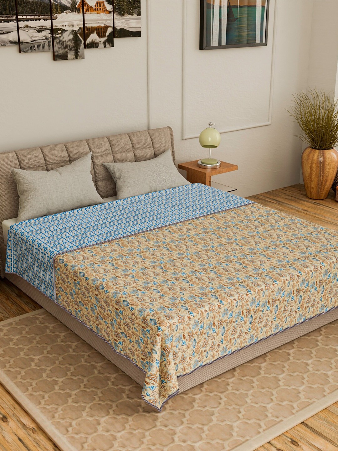 

CURIOUS LIFESTYLE Beige & Blue Ethnic Motifs Summer 150 GSM Reversible Double Bed Dohar