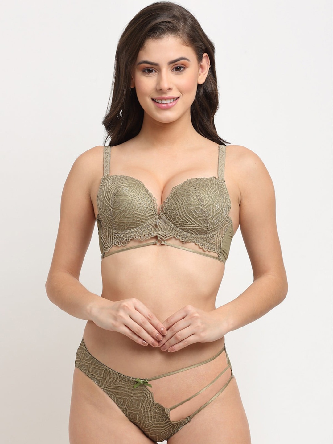 

MAKCLAN Self-Design Laced Underwired Lightly Padded Bra With Bikini, Green