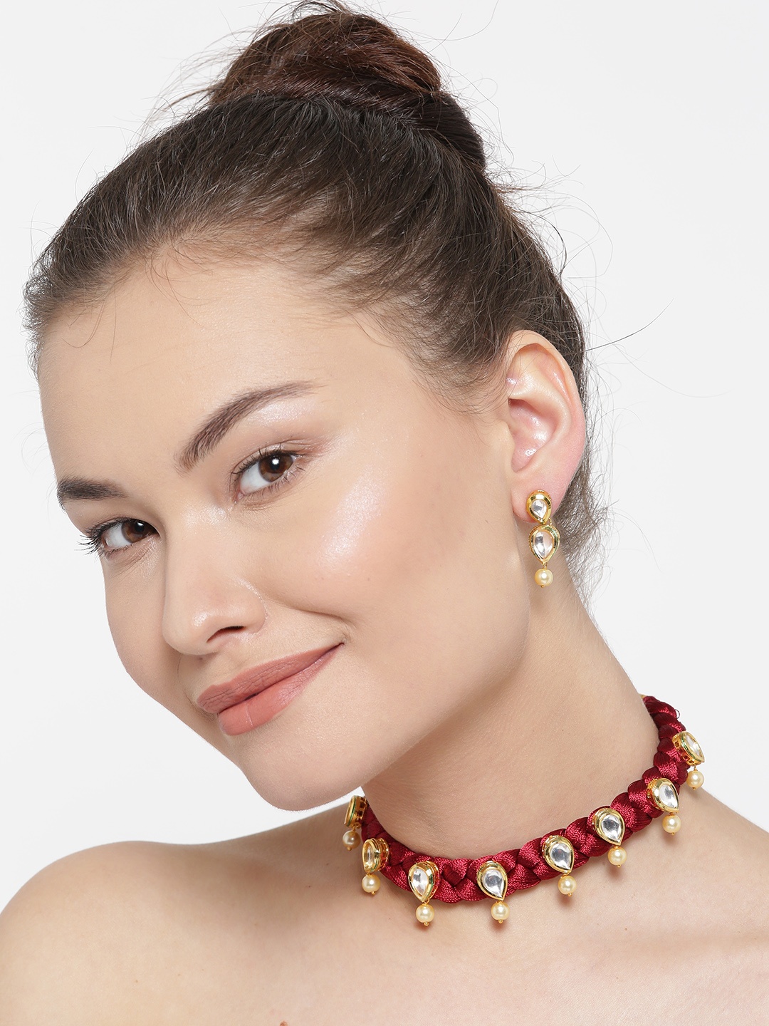 

YouBella Maroon & Gold-Toned Stone-Studded Beaded Jewellery Set