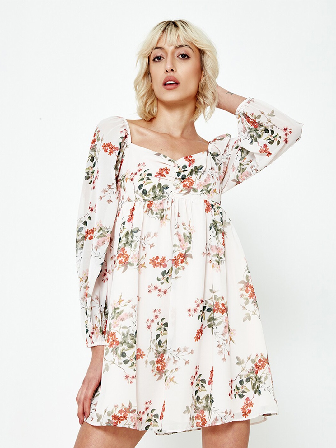 

COVER STORY Floral Printed Empire Mini Dress, Off white